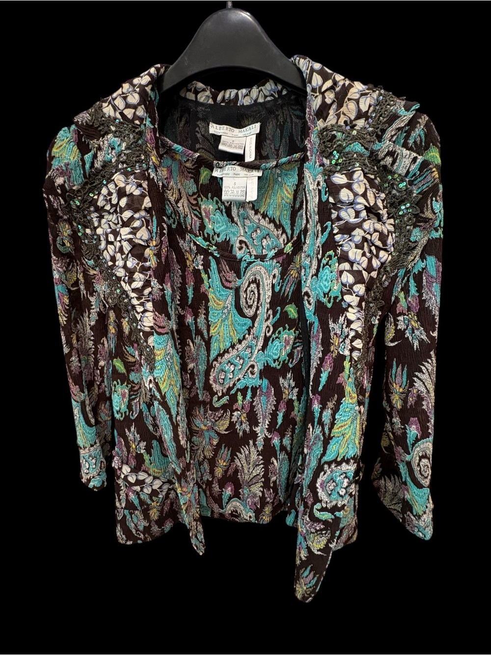Alberto Makali 2 Piece Paisley Sequin Cardigan/Blazer Tank Set